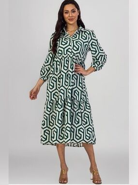 Zara Women’s Karen Tiered Green and Ecru Geometric Midi Dress L TikTok Famous